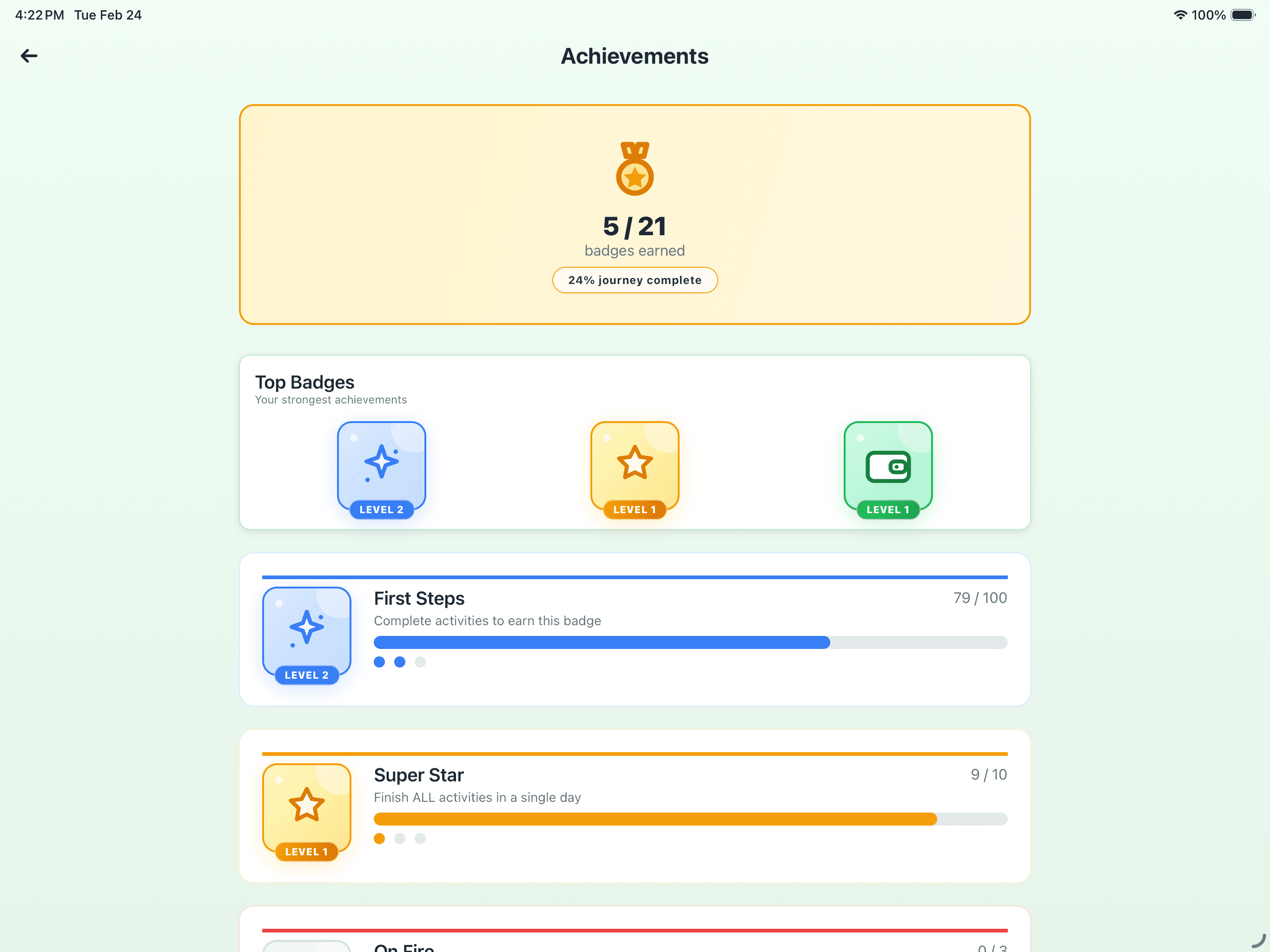 Child achievements screen on iPad