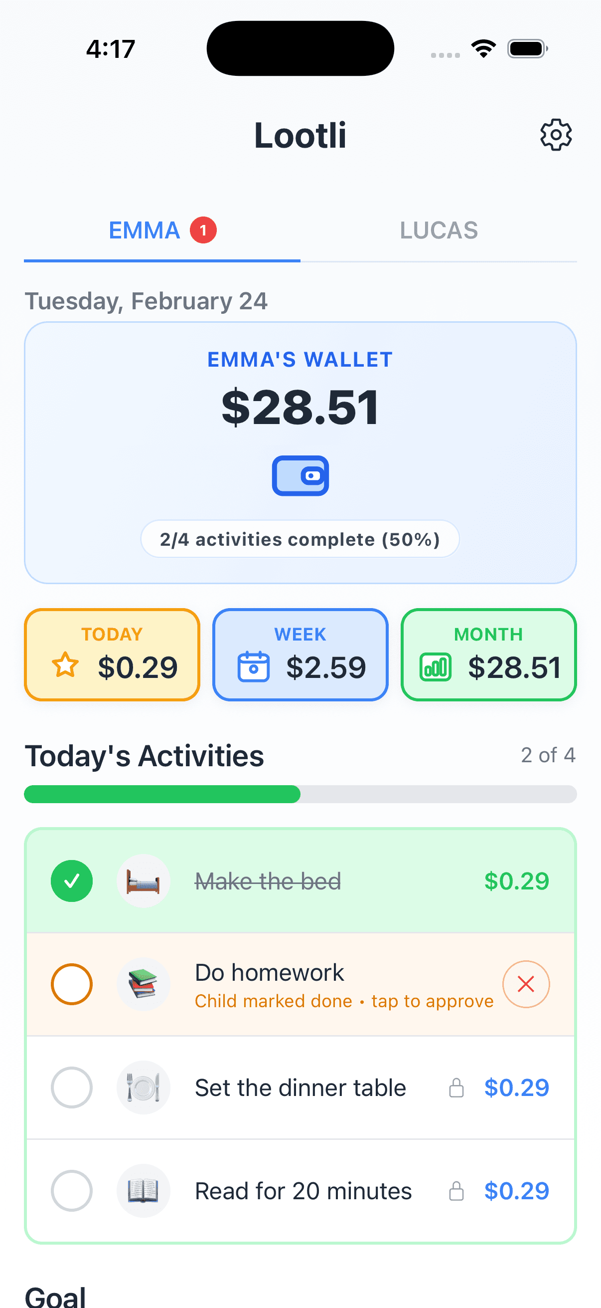 Parent dashboard on iPhone